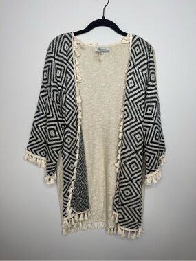 Cost Plus World Market Black & Cream Geometric Fringed Open Cardigan